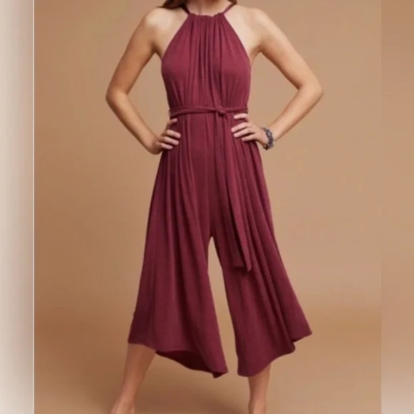 ANTHROPOLOGIE HD IN PARIS RIBBED RASPBERRY CROPPED JUMPSUIT W RIBBON TIE SZ M - Picture 3 of 10